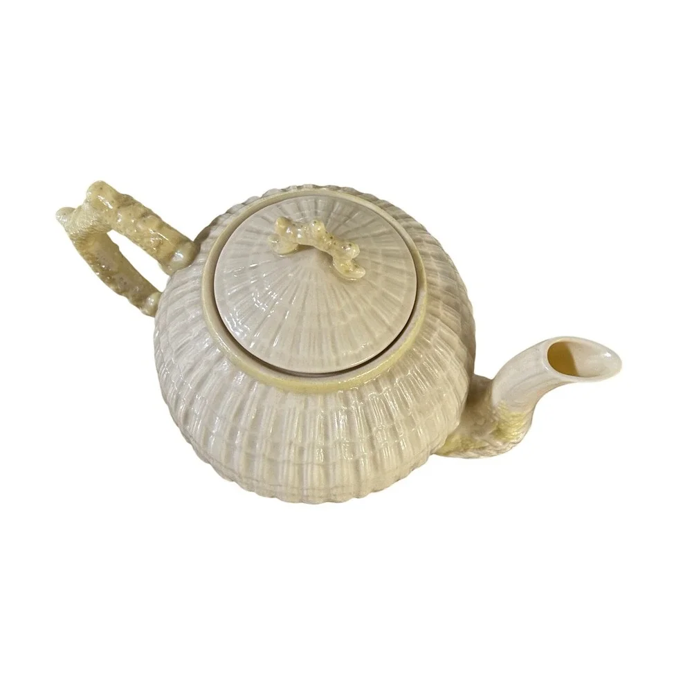 Vintage Belleek Limpet Teapot Irish Parian China Shell Coral Handle Yellow Luste